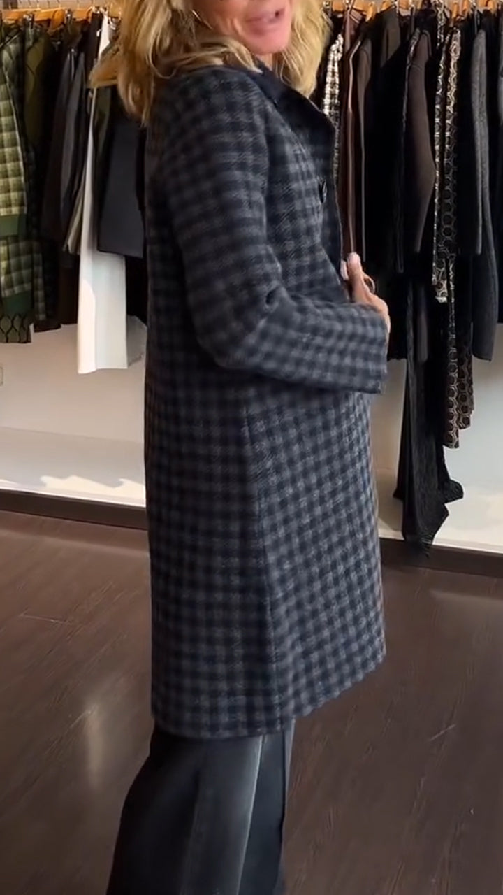 Women Lapel Plaid Double-Breasted Casual Coat