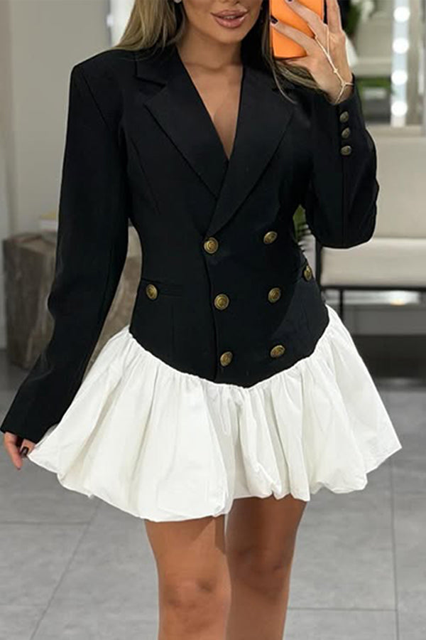 Women Elegant Double-Breasted Color-Blocked A-Line Dress