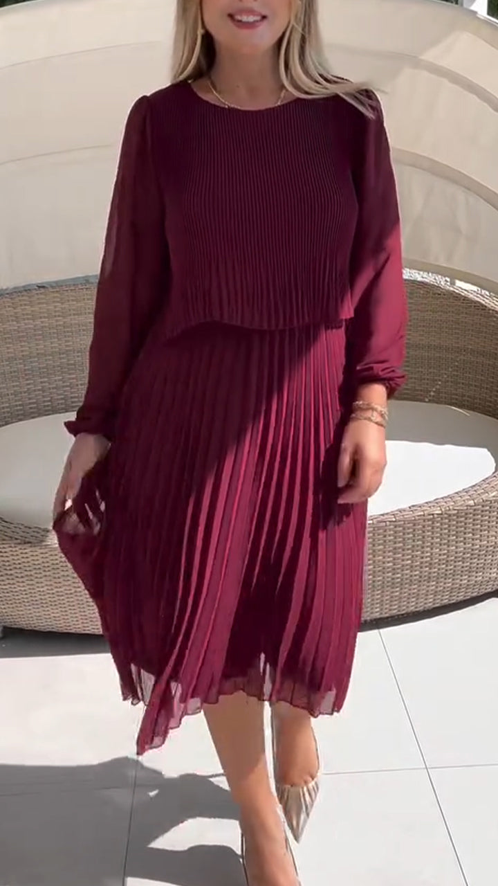 Women Round Neck Patchwork Pleated Solid Color Elegant Casual Dress