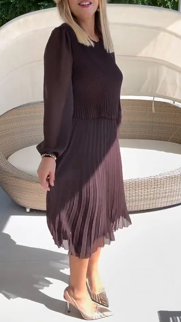 Women Round Neck Patchwork Pleated Solid Color Elegant Casual Dress