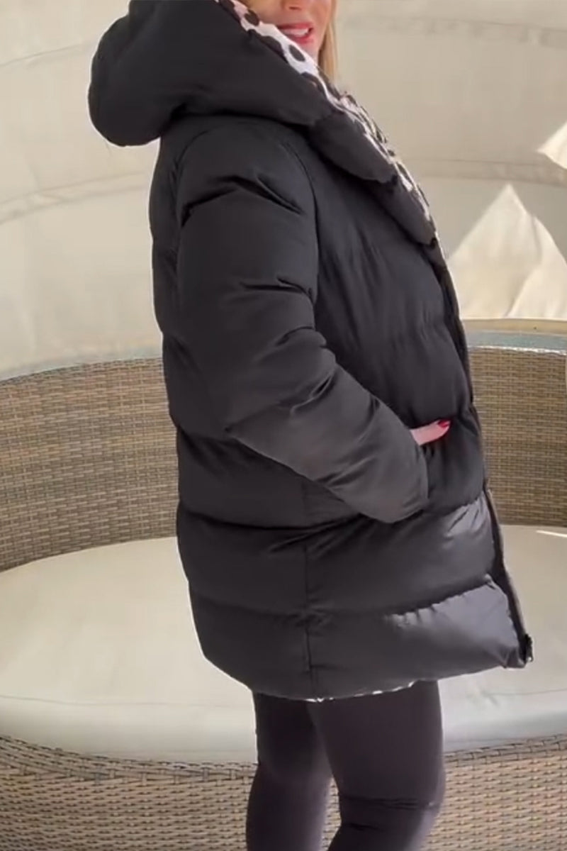 Women Hooded Leopard Print Reversible Casual Cotton Jacket