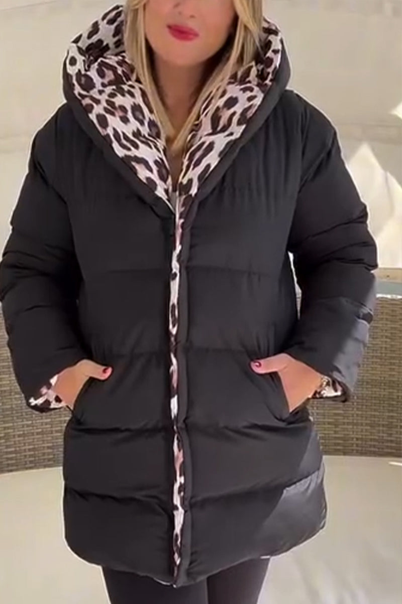 Women Hooded Leopard Print Reversible Casual Cotton Jacket