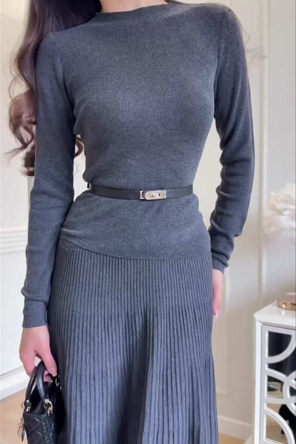 Women Elegant Solid Color Pullover Knit Sweater + Pleated Skirt Suit