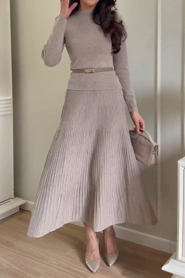 Women Elegant Solid Color Pullover Knit Sweater + Pleated Skirt Suit