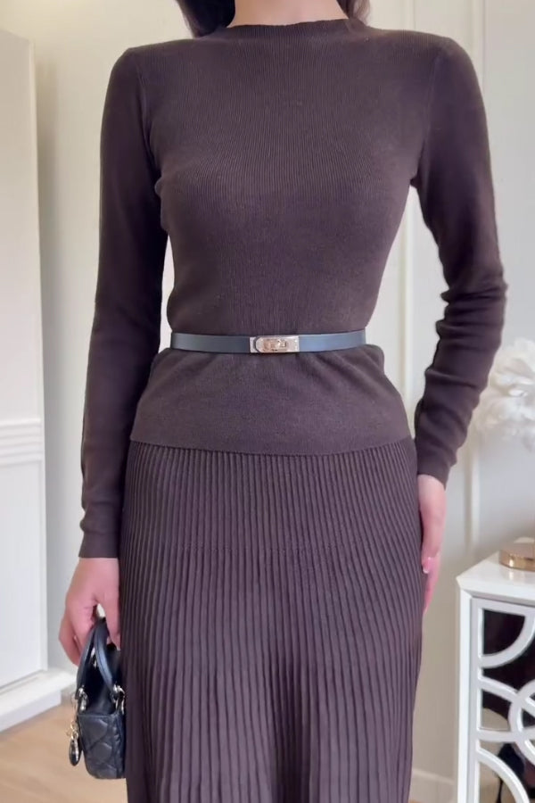 Women Elegant Solid Color Pullover Knit Sweater + Pleated Skirt Suit