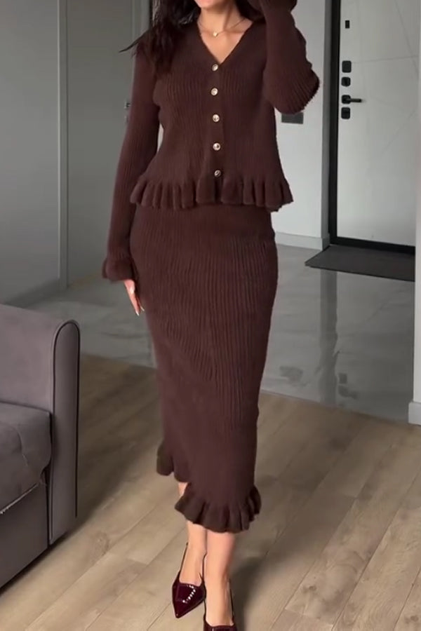 Women Elegant Romantic Ruffled Cardigan + Two-Way Dress/Skirt Suit