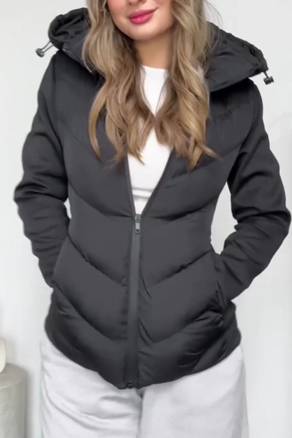 Women Casual Hooded Drawstring Zipper Slim Fit Warm Jacket