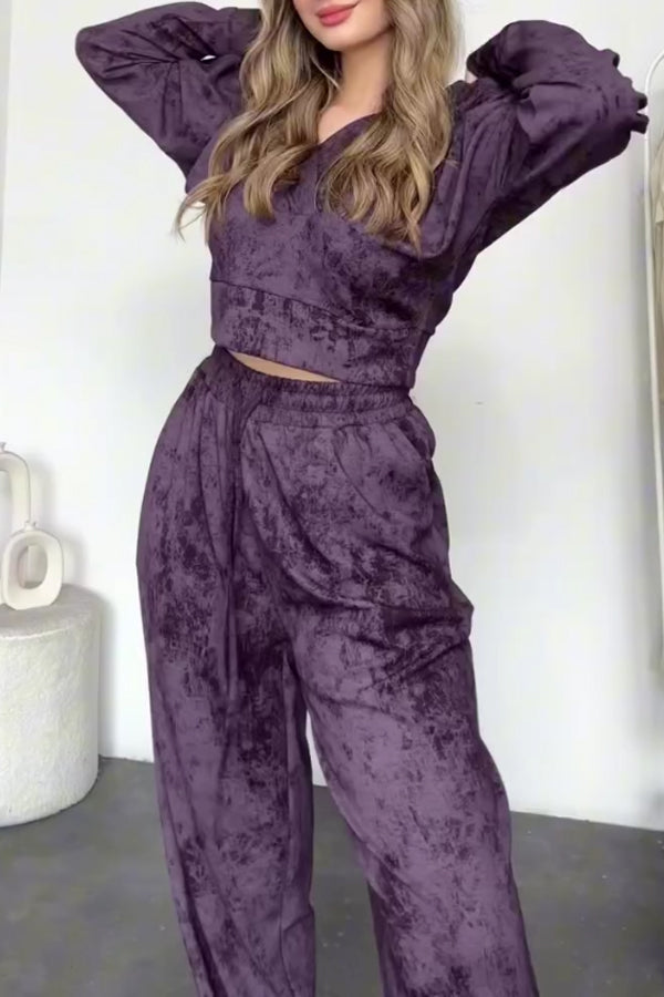 Women Casual Hooded Irregular Snowflake Texture Sweatshirt + Pants Suit