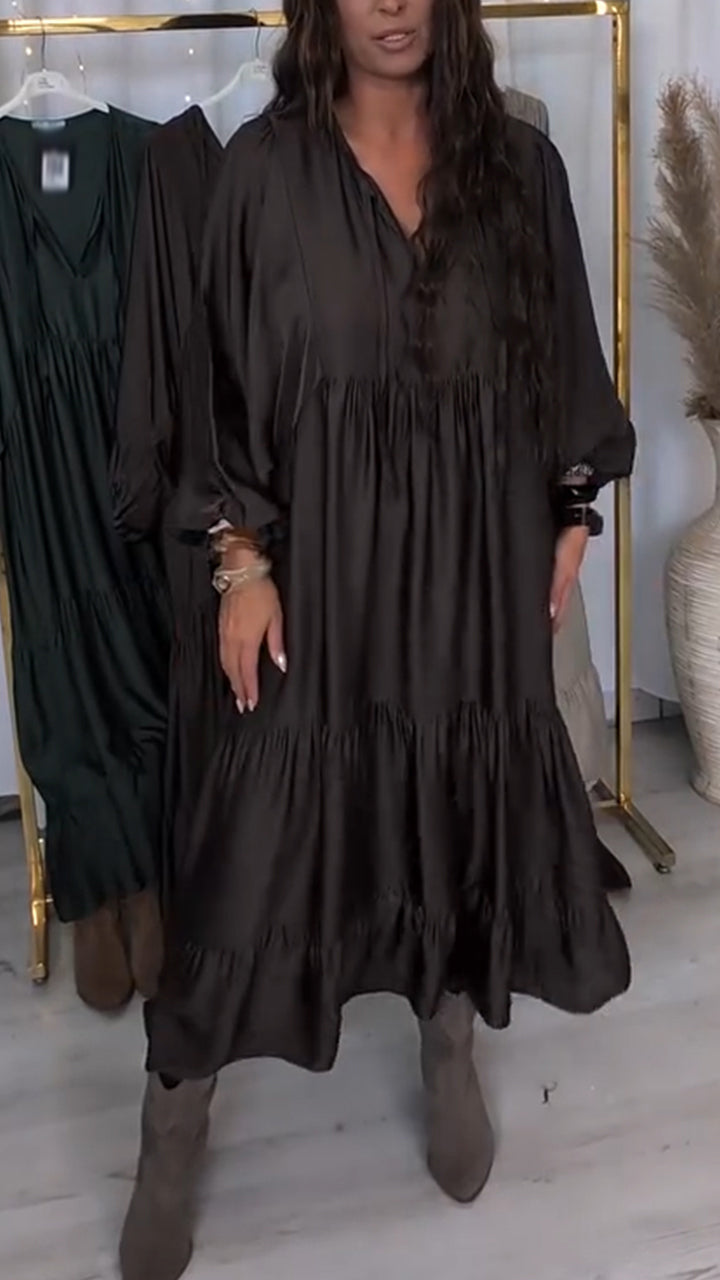 Women V-neck Patchwork Solid Color Casual Dress