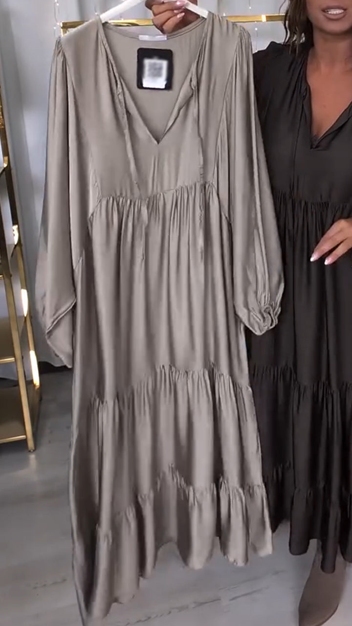 Women V-neck Patchwork Solid Color Casual Dress