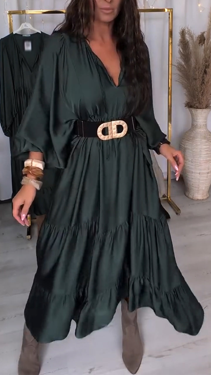 Women V-neck Patchwork Solid Color Casual Dress