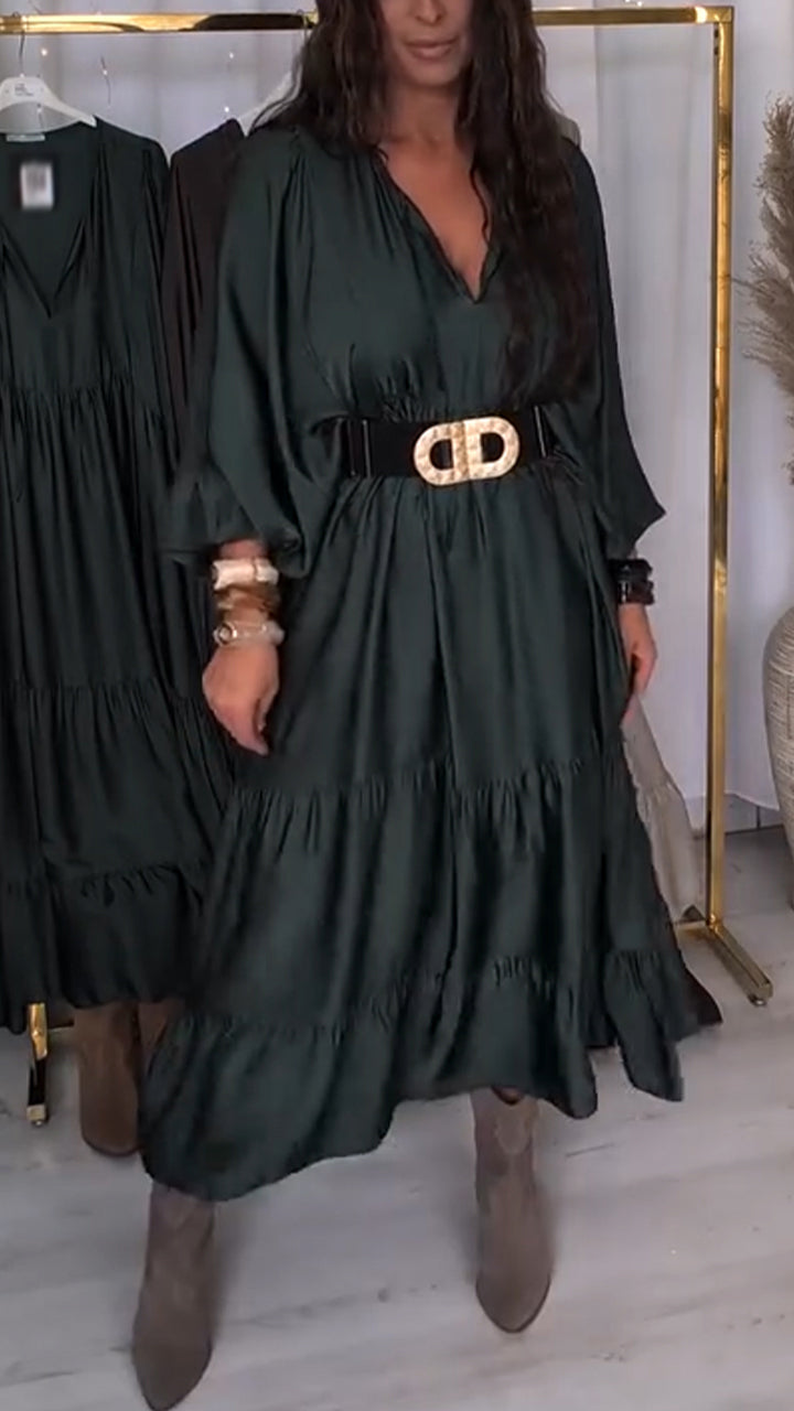 Women V-neck Patchwork Solid Color Casual Dress