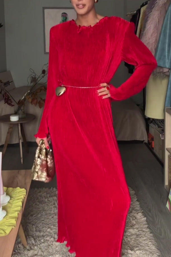 Women Elegant Ruffled Padded Shoulder Dress