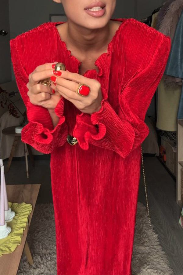 Women Elegant Ruffled Padded Shoulder Dress