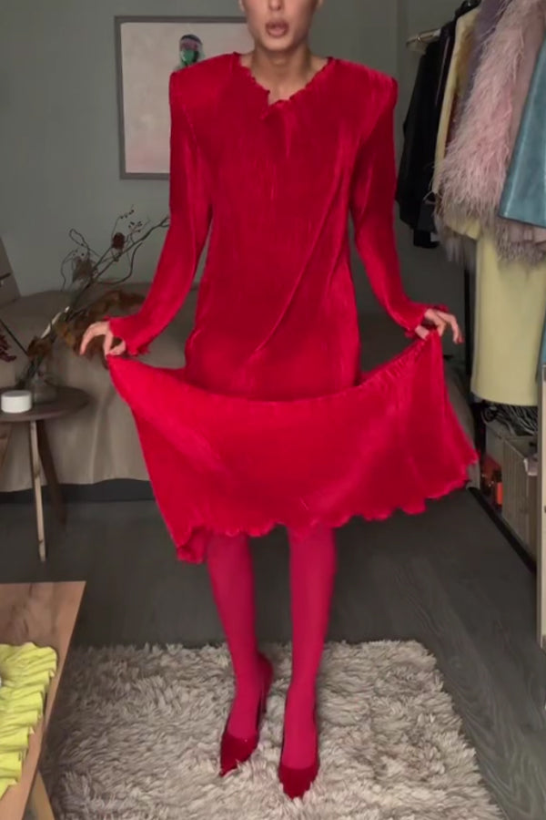 Women Elegant Ruffled Padded Shoulder Dress