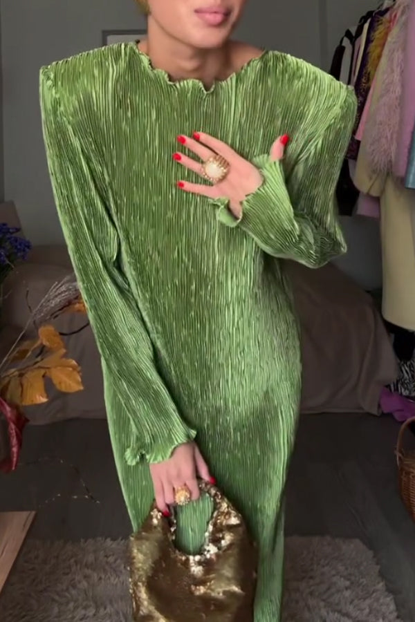 Women Elegant Ruffled Padded Shoulder Dress