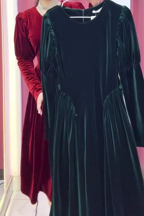 Women Christmas Elegant Round Neck Pleated A-line Velvet Dress