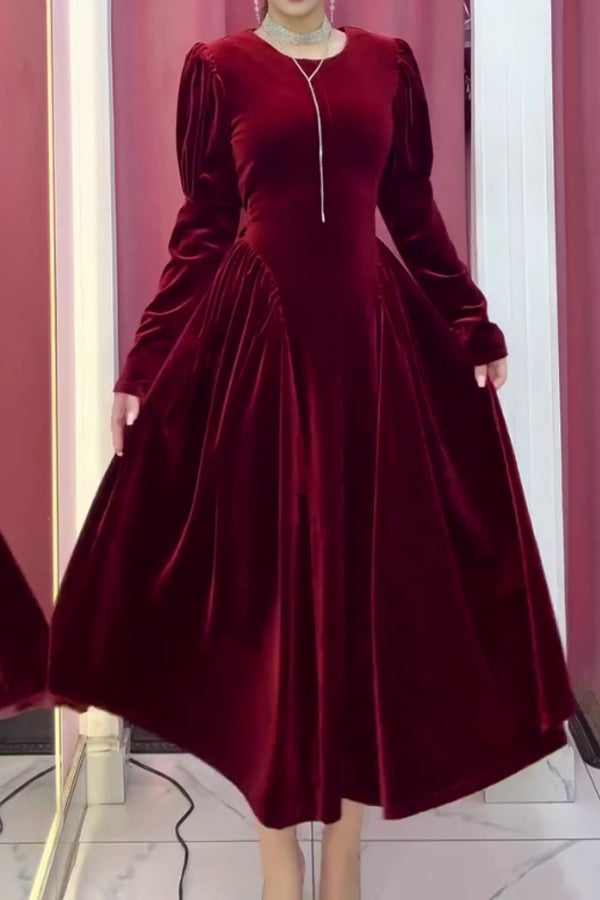 Women Christmas Elegant Round Neck Pleated A-line Velvet Dress