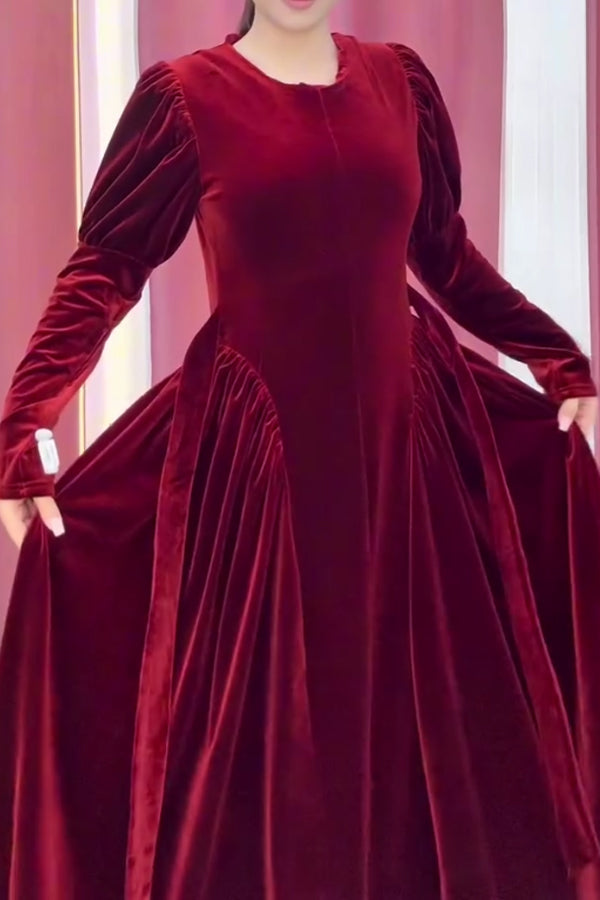 Women Christmas Elegant Round Neck Pleated A-line Velvet Dress