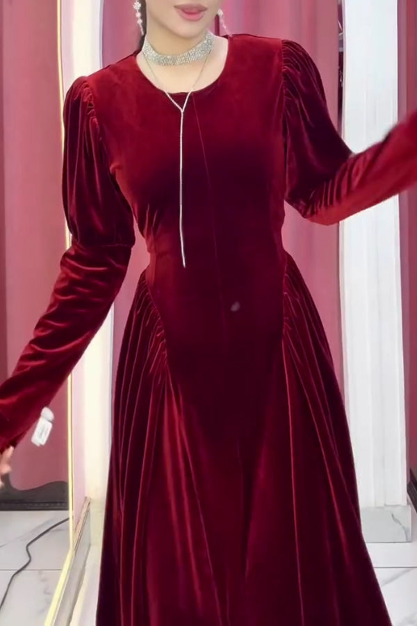 Women Christmas Elegant Round Neck Pleated A-line Velvet Dress