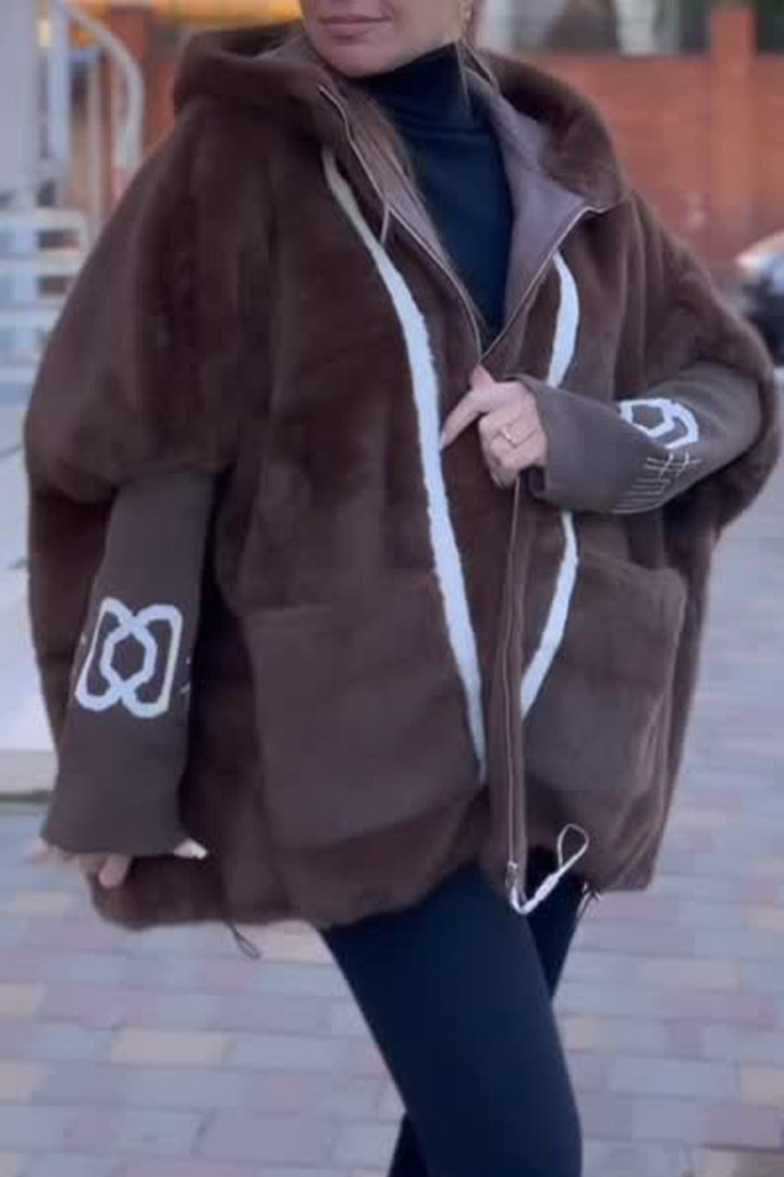 Women Hooded Patchwork Knit Printed Sleeve Casual Plush Coat