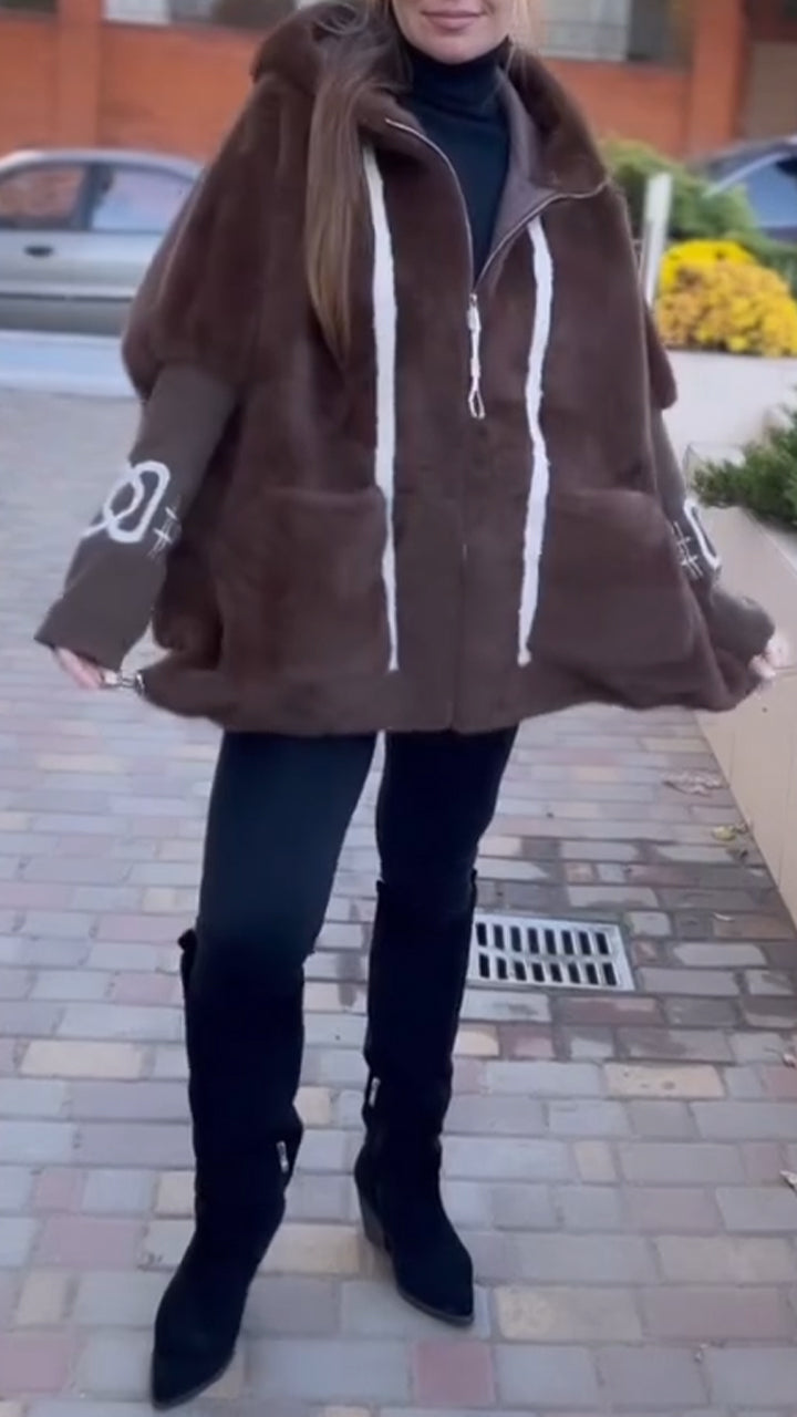 Women Hooded Patchwork Knit Printed Sleeve Casual Plush Coat