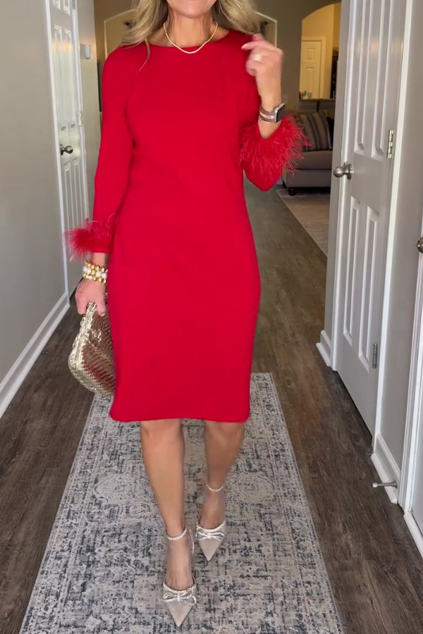 Women Elegant Christmas Party Round Neck Plush Cuff Dress