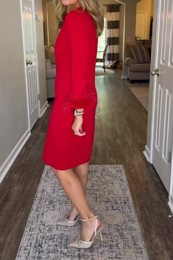 Women Elegant Christmas Party Round Neck Plush Cuff Dress