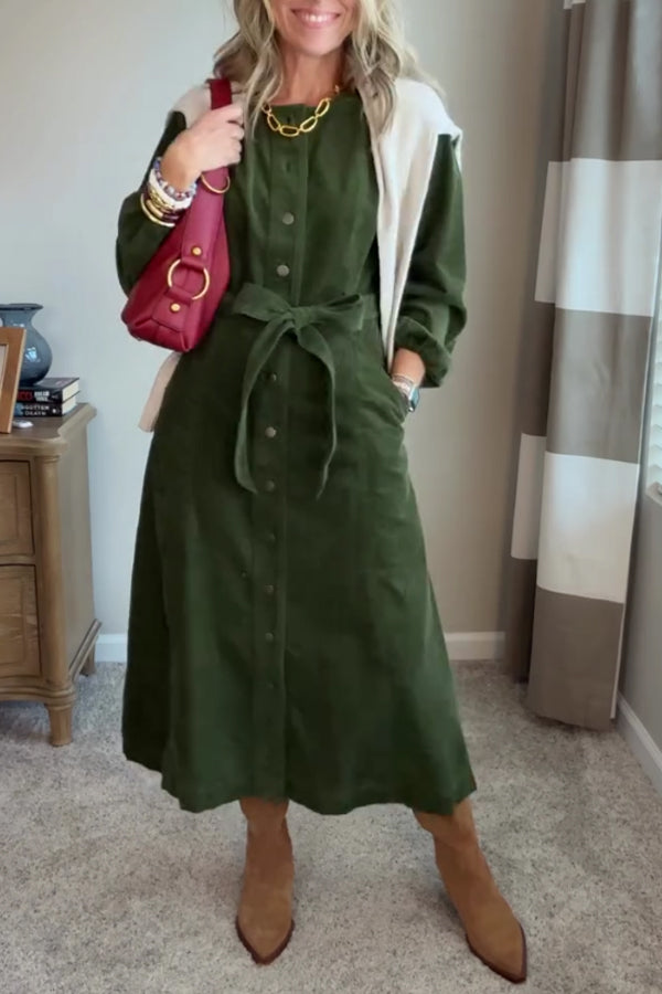 Women Elegant Christmas Button-Up Corduroy A-line Dress