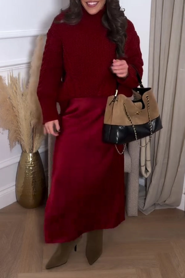 Women Christmas Elegant Soft Pullover Sweater + Satin Skirt Suit