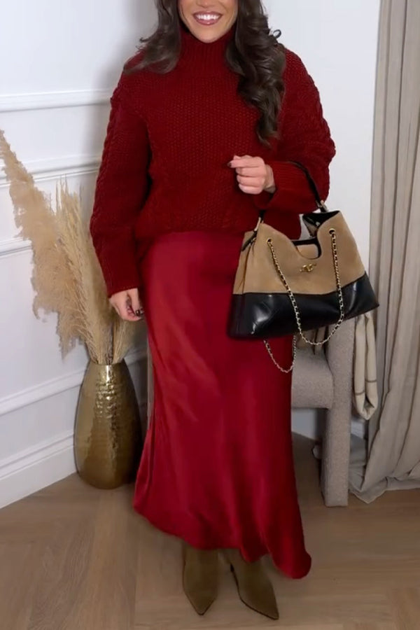 Women Christmas Elegant Soft Pullover Sweater + Satin Skirt Suit