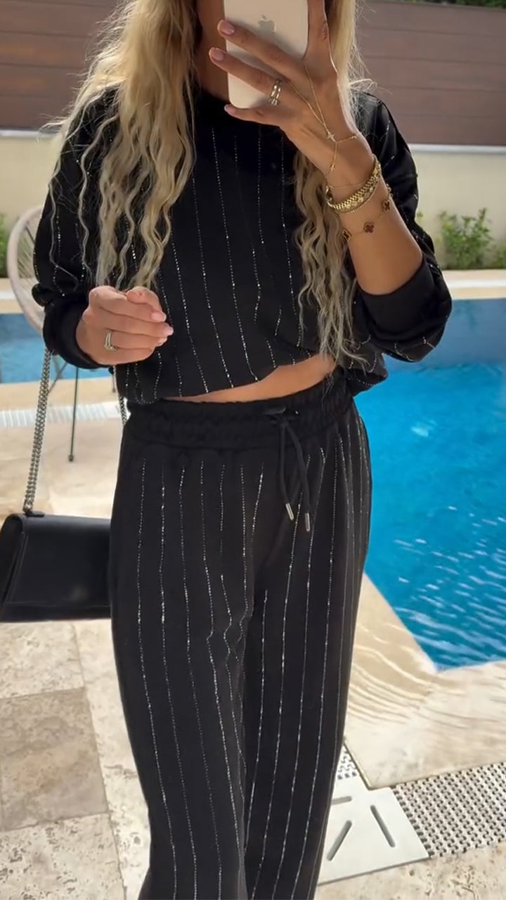 Ladies Round Neck Vertical Stripe Top+ Drawstring Pants Casual Set