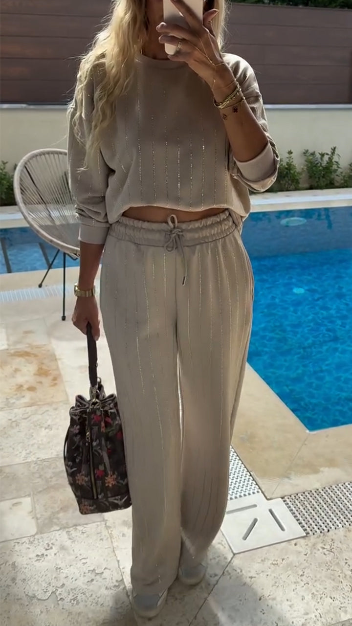 Ladies Round Neck Vertical Stripe Top+ Drawstring Pants Casual Set