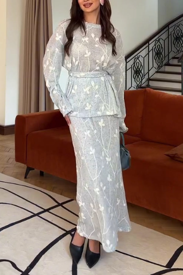 Women Elegant Embroidered Textured Round Neck Tie-Waist Top + Skirt Suit