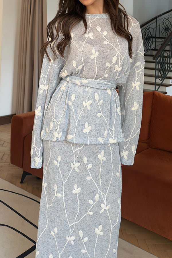 Women Elegant Embroidered Textured Round Neck Tie-Waist Top + Skirt Suit