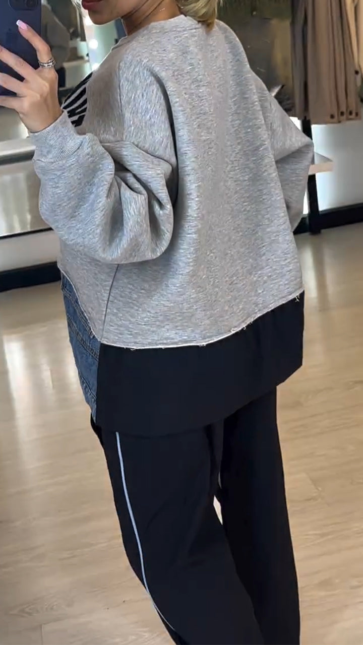 Women Round Neck Printed Letter Stitching Denim Zipper Casual Suit