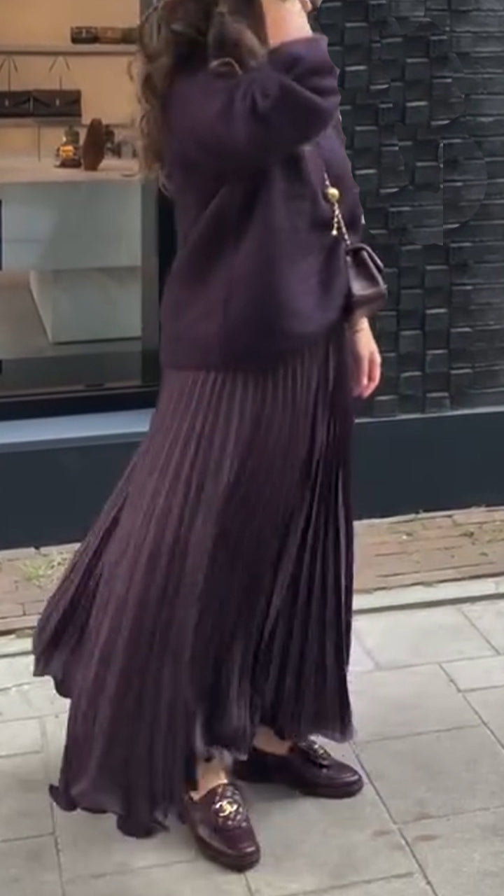 Women Round Neck Knitted Sweater + Pleated Skirt Solid Color Elegant Casual Suit