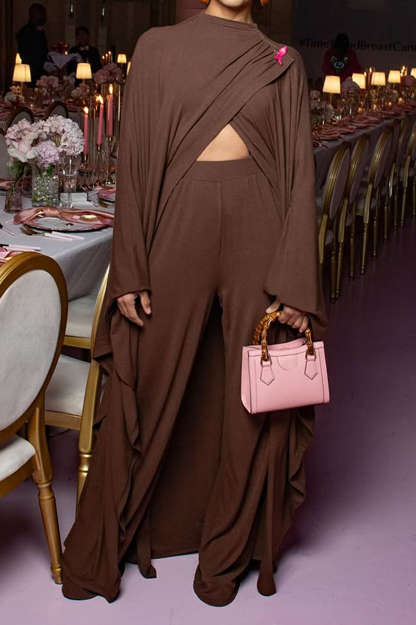 Women Elegant Overlapping Slit Extra-Long Sleeve Top + Pants Suit