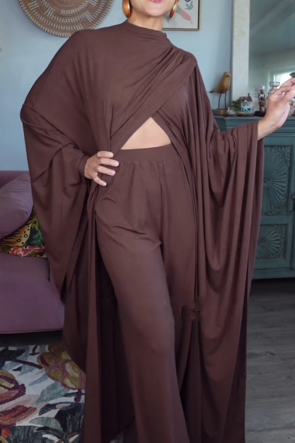 Women Elegant Overlapping Slit Extra-Long Sleeve Top + Pants Suit