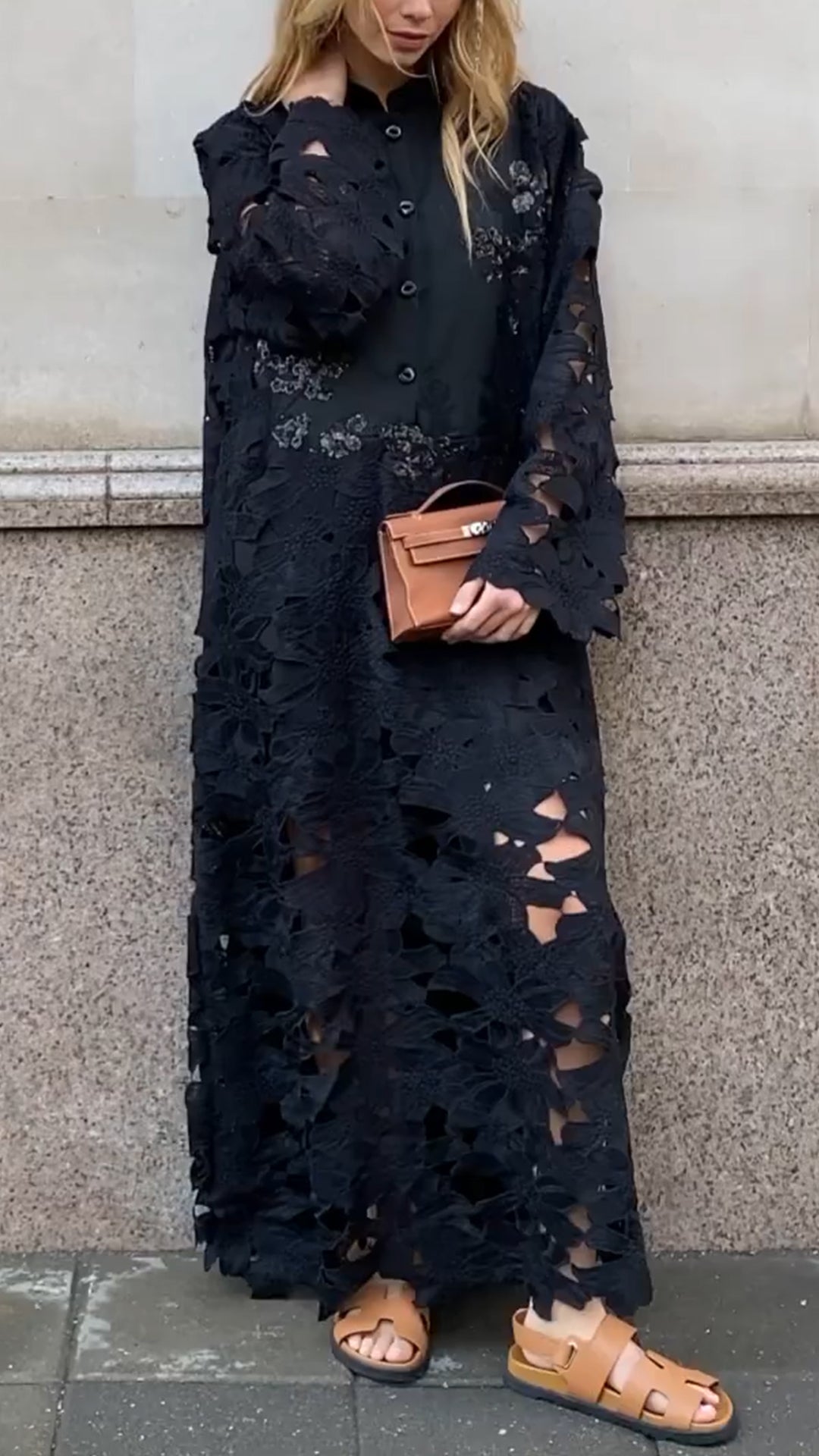 Ladies Round Neck Buckle Print Hollow Out Loose Casual Dress