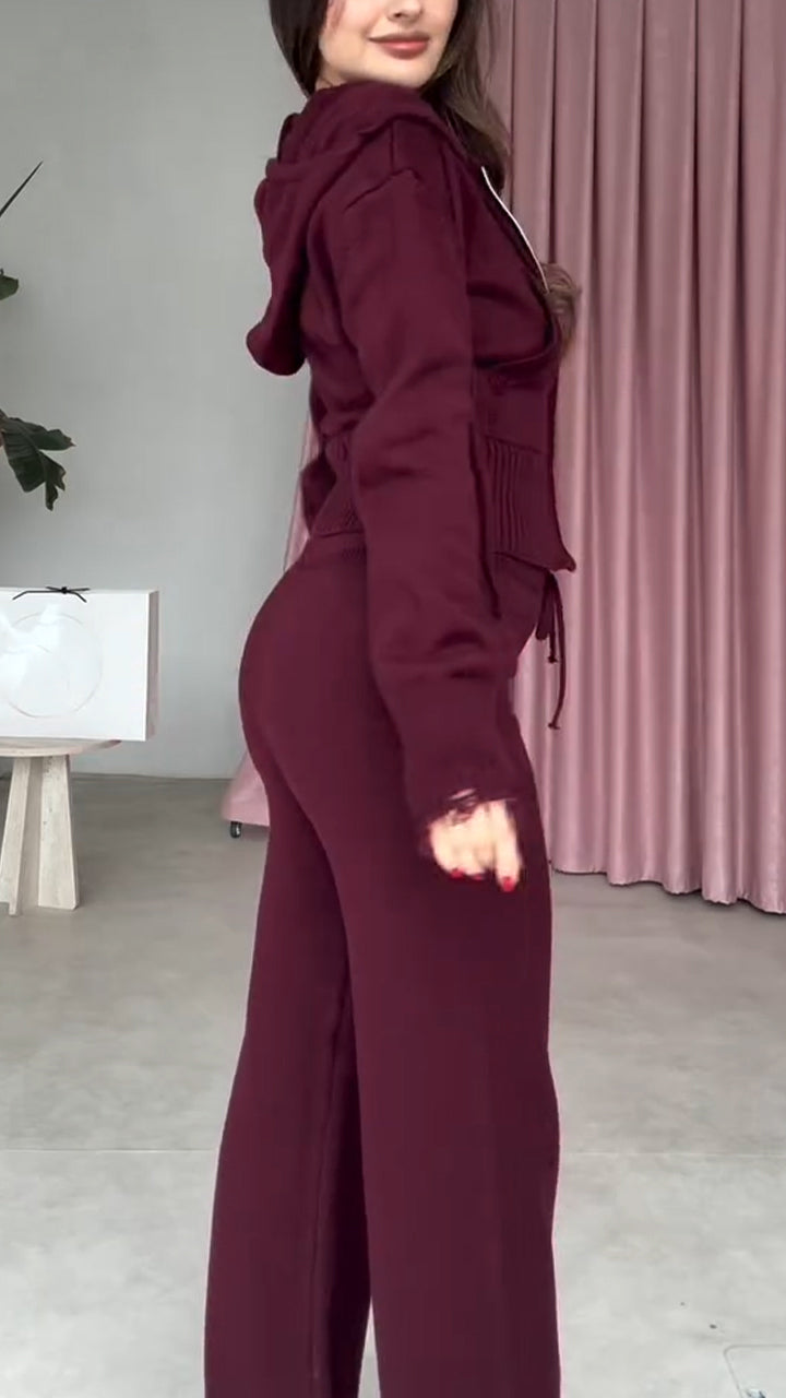 Ladies Lapel with Cap Drawstring Solid Color Leisure Knitted Set