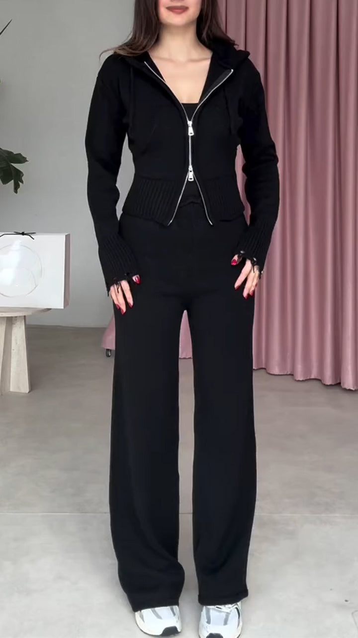 Ladies Lapel with Cap Drawstring Solid Color Leisure Knitted Set