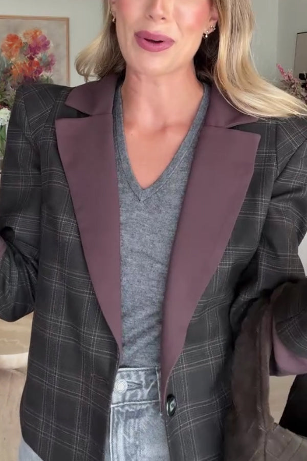 Women Elegant Office Plaid Color-Blocked Padded Shoulder Blazer