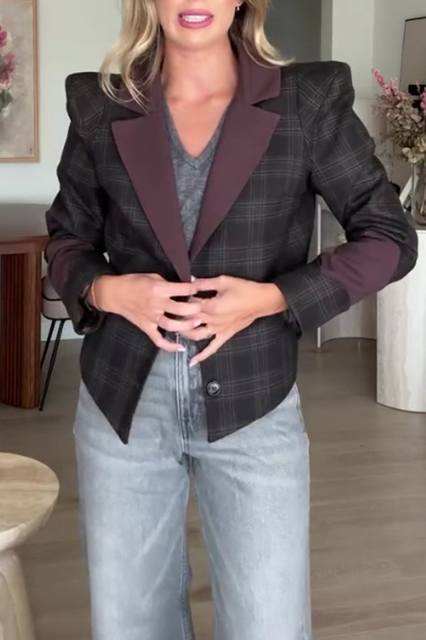 Women Elegant Office Plaid Color-Blocked Padded Shoulder Blazer