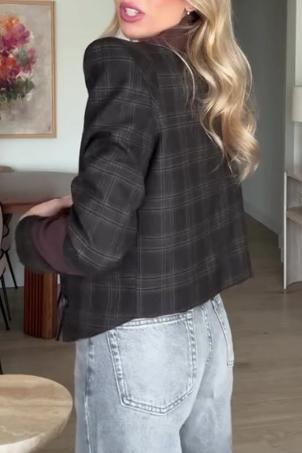 Women Elegant Office Plaid Color-Blocked Padded Shoulder Blazer