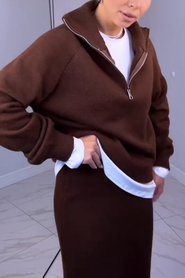 Women Simple Metal Zipper Turtleneck Sweater + Long Skirt Suit