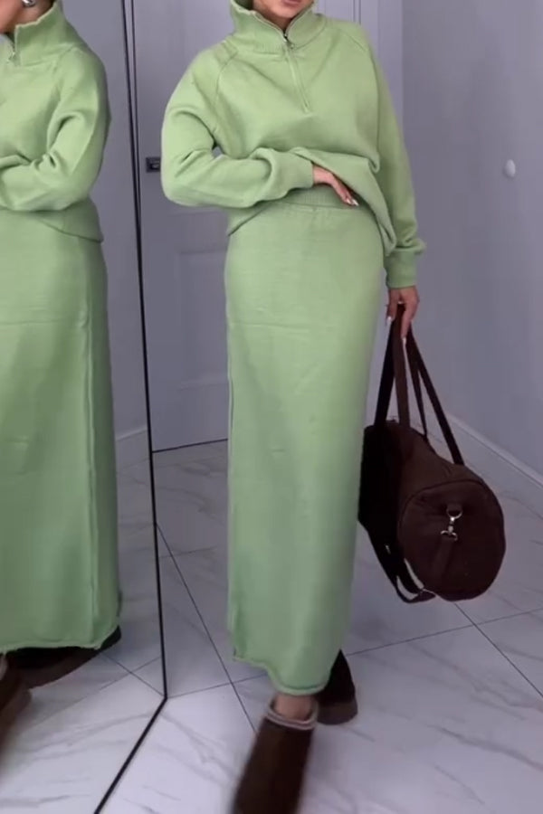 Women Simple Metal Zipper Turtleneck Sweater + Long Skirt Suit