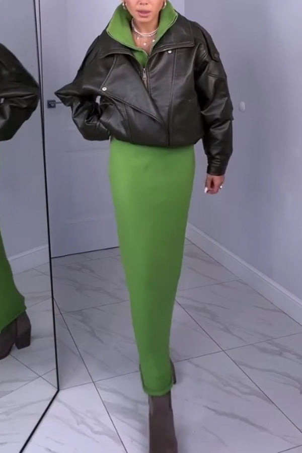 Women Simple Metal Zipper Turtleneck Sweater + Long Skirt Suit