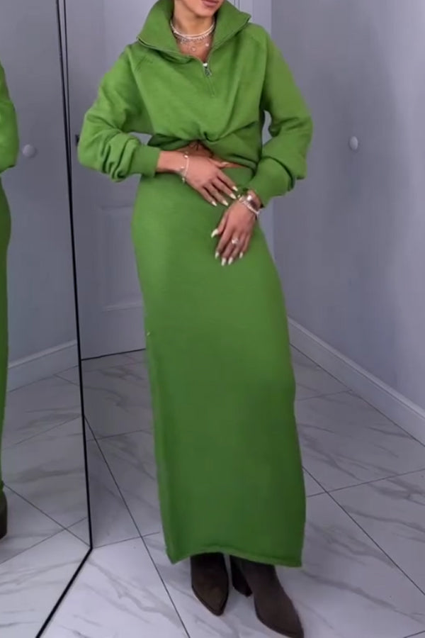 Women Simple Metal Zipper Turtleneck Sweater + Long Skirt Suit