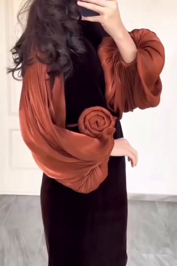 Women Elegant Color-Blocked Lantern Sleeve Floral Belt Dress